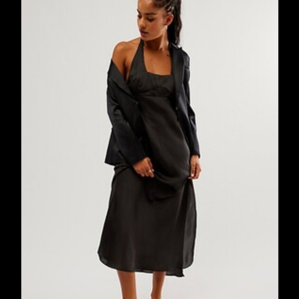 NWOT Free People Happy Hour Black Satin Midi Slip Dress L